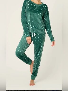 PJ Salvage Velour Dot Print Long PJ Set in Dark Forest NWT